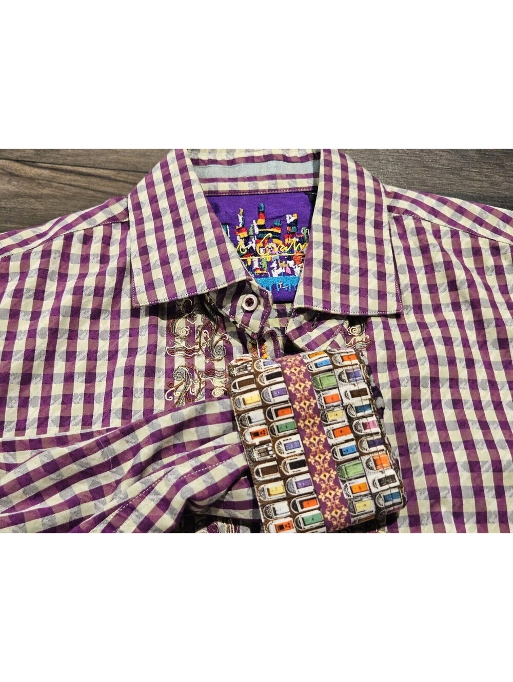 Robert Graham Shirt Mens Large Long Sleeve Purple Plaid Embroidered Flip Cuff